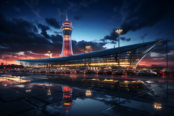 A stunning view of an airport terminal and control tower illuminated against a dramatic sunset - 767967609