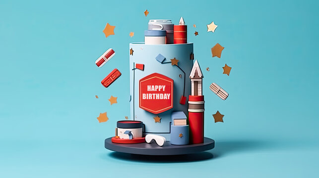 A colorful 3D image of a birthday cake with various objects on it.