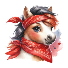 Brown cartoon horse in a red bandana with stars. Watercolor illustration