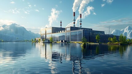 A large industrial plant is situated next to a body of water - obrazy, fototapety, plakaty