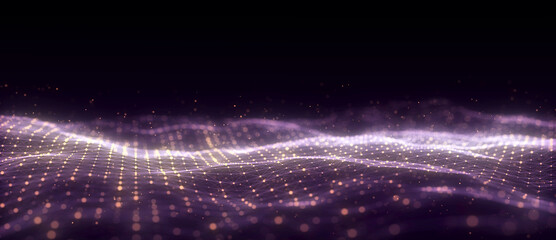 Wave of particles and lines. Big data visualization. Abstract color background with a dynamic wave. 3d rendering.