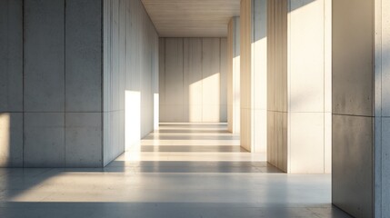 Sunlight streaming through a minimalist architectural space, casting sharp shadows and highlighting clean lines.