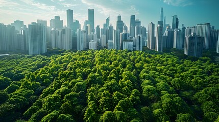 A city with a large green forest in the middle