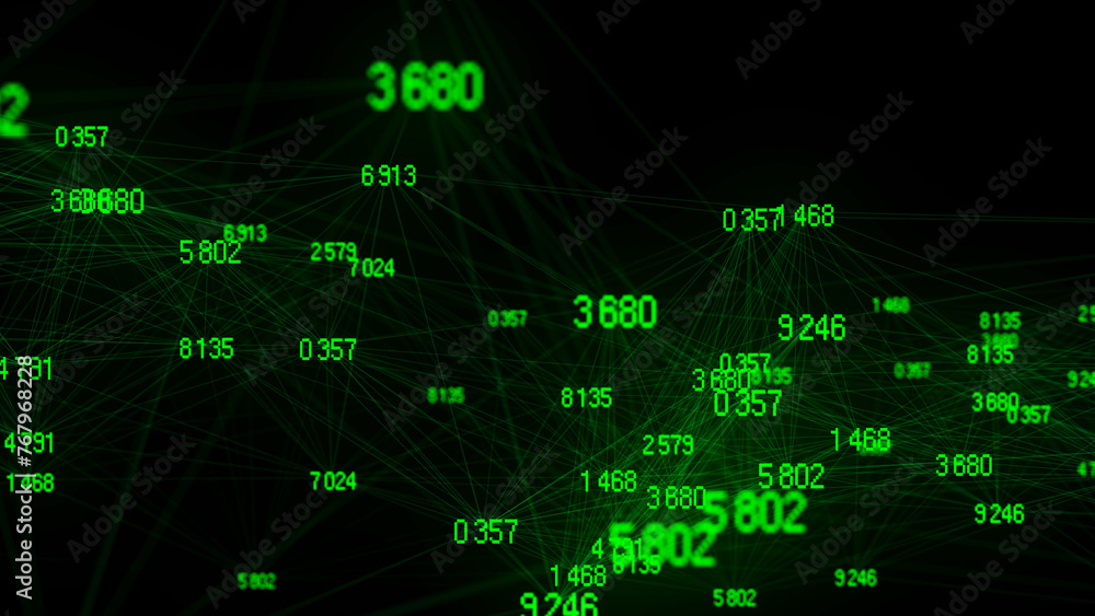 Poster Block chain technology concept. Big data visualization. Artificial intelligence. Green network connection structure. Abstract digital background with matrix. 3d rendering.