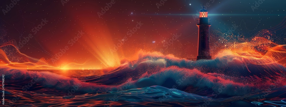 Aufkleber a dynamic image of digital waves crashing against a lighthouse, symbolizing genai's role in guiding 