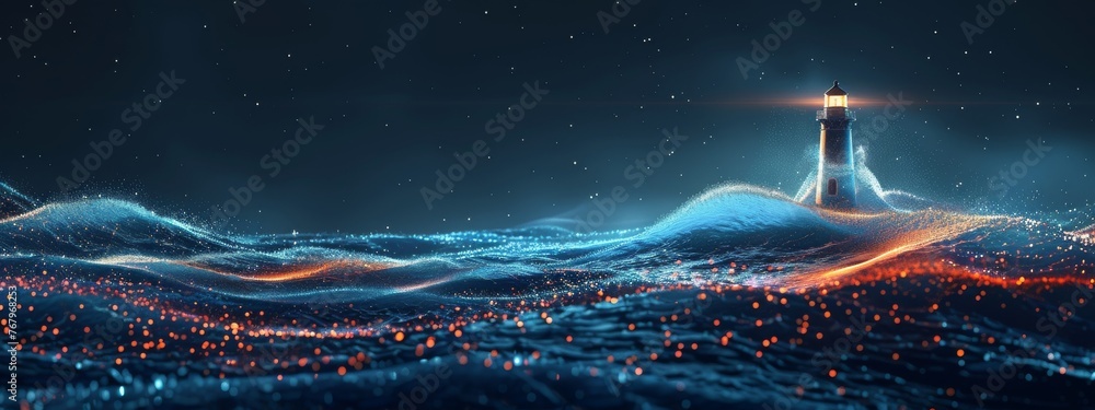 Poster a dynamic image of digital waves crashing against a lighthouse, symbolizing genai's role in guiding 