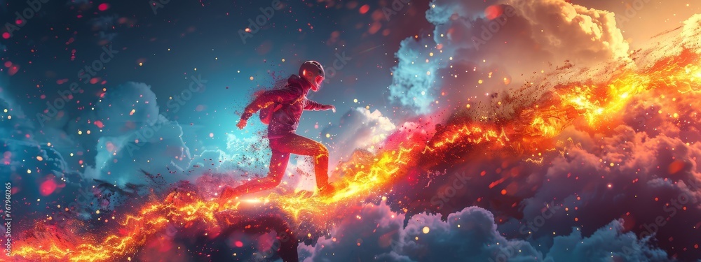 Poster a dynamic image showing a leap across a digital chasm, symbolizing overcoming cybersecurity challeng