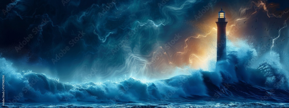 Aufkleber a dynamic image of digital waves crashing against a lighthouse, symbolizing genai's role in guiding 