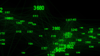 Block chain technology concept. Big data visualization. Artificial intelligence. Green network connection structure. Abstract digital background with matrix. 3d rendering.