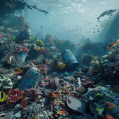 Fototapeta na wymiar Scrap metal and plastic waste in a coral reef with corals and fish.