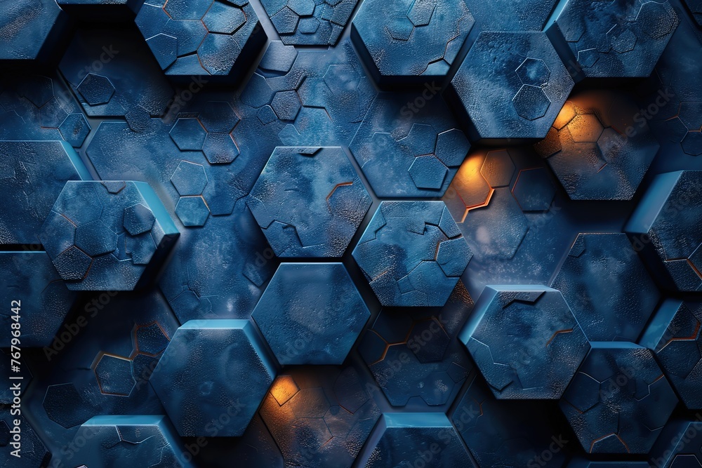 Poster blue abstract background with hexagon shapes. a blue hexagonal background with a lot of small hexago