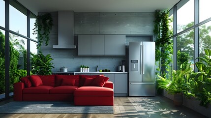 A living room with a red couch and a silver refrigerator - Powered by Adobe