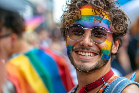 Happy smiling man, face painted with rainbow LGBT pride flag in LGBTQ celebration parade fun party
