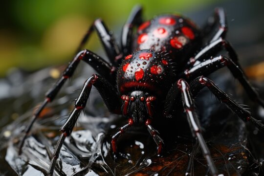 Black widow with red marking on web., generative IA