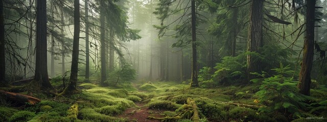 A gentle, foggy morning in a quiet, old-growth forest.