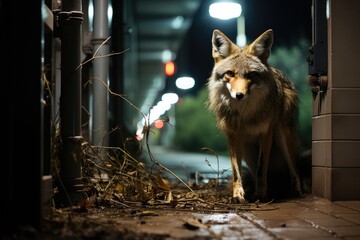 Night fox exploring human city., generative IA - obrazy, fototapety, plakaty