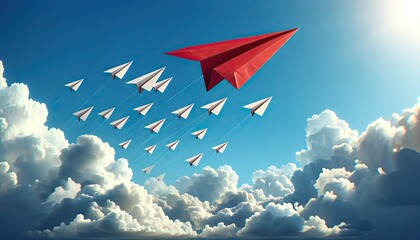 Fototapeta premium A bold red paper airplane leads a fleet of white paper planes through a dynamic sky filled with fluffy clouds, representing leadership, innovation, and forward movement.