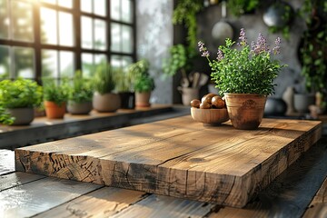 Empty beautiful wood tabletop counter on the interior in clean and bright kitchen background - obrazy, fototapety, plakaty