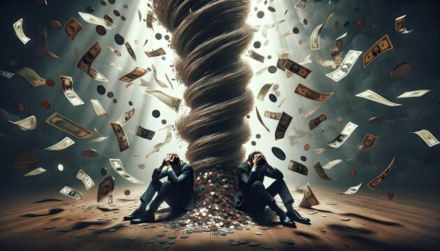 intense and powerful image capturing the chaos of a financial crisis, as two figures are overwhelmed by a tornado of cash and coins, depicting economic turmoil and the concept of financial distress