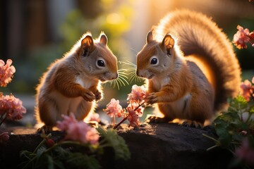 Squirils playing in flower garden in the sun., generative IA - obrazy, fototapety, plakaty