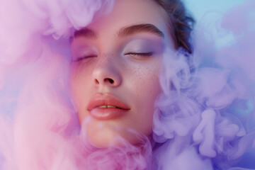 A woman is surrounded by purple smoke, with her face partially obscured. The smoke creates a dreamy, ethereal atmosphere, and the woman's features are highlighted by the soft light