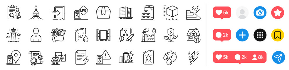 Algorithm, Home charging and Entrance line icons pack. Social media icons. Brush, Charging station, Lighthouse web icon. Power certificate, Engineer, Buildings pictogram. Vector