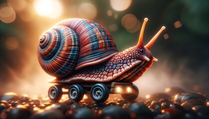 whimsical journey of a vibrant snail on miniature skateboard amidst a magical forest setting, illuminated by a soft golden glow, adventure, mollusk, nature, whimsy, creature, fantasy, sunlight, bokeh
