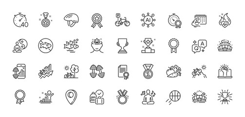 Honor, Timer and Best rank line icons pack. AI, Question and Answer, Map pin icons. Yoga, Sports arena, Best result web icon. Bicycle parking, Bicycle helmet, Winner pictogram. Vector