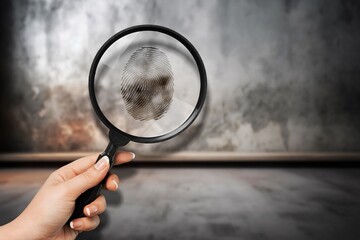 Magnifier with fingerprint.  Background of crime, detective, bio metric concept