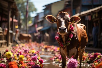 Cow in a traditional market, pulling yokes with goods., generative IA