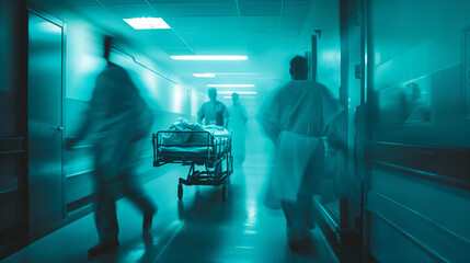 Doctors roll a gurney down the hospital corridor to the operating room