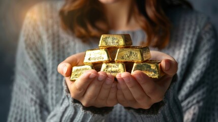 Woman holding gold bars against grey textured background, closeup