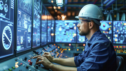 Engineer working at control room,Manager control system,Technician man monitoring program from a lot of monitor.AI