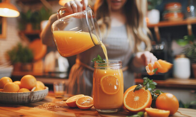 Orange juice pouring from pitcher into glass. Healthy citrus drink. Summer freshness concept.Generative AI