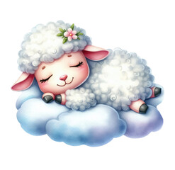 Sleeping sheep on the clouds. Watercolor illustration.