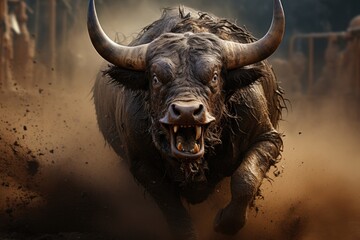 Furious bull challenges pawn in rodeo., generative IA - obrazy, fototapety, plakaty