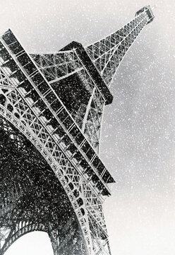 France. Eiffel Tower in Paris in winter. black and white photography