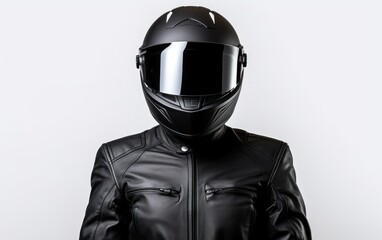 Motorcycle rider with black helmet in front of white background