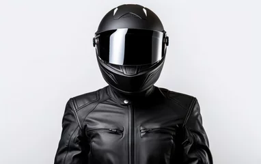 Poster Motorcycle rider with black helmet in front of white background © Muh