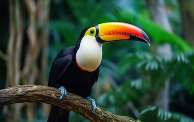 Selective focus shot of a toucan standing on a tree branch - obrazy, fototapety, plakaty
