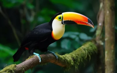 Gordijnen Selective focus shot of a toucan standing on a tree branch © Muh