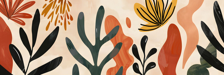 abstract botanic, flat, beige background, simple shapes, mattisse - obrazy, fototapety, plakaty