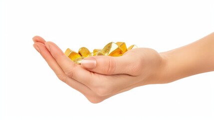 Obraz premium Beautiful Woman hand holding Gold ingots on white background with clipping path