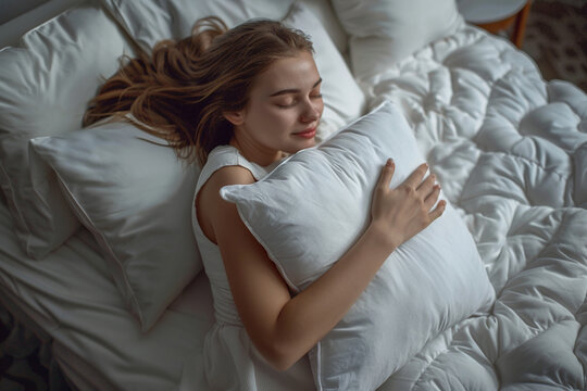 Top view of attractive young woman sleeping well in bed hugging soft white pillow. Teenage girl resting, 