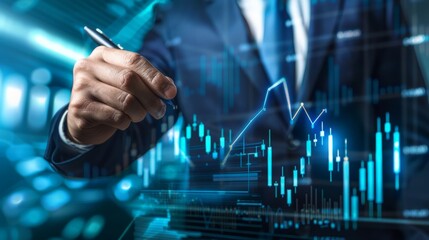Businessman draw growth graph analysing stock market profit on global business investment. Banking,