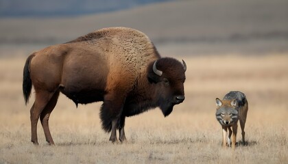A Bison With A Lone Coyote In The Background