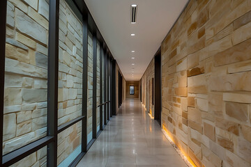 A modern corridor of width about 6 feet and length about 25 feet, one wall made of complete glass and other wall made of sandstone, window