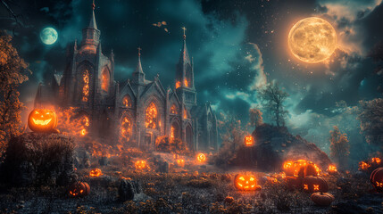 Halloween Scene - Party Of Pumpkins And Zombies In Graveyard At Moonlight - Contain Moon 3D Rendering - Unrecognizable, Deformed And Church with Reassembled Parts.