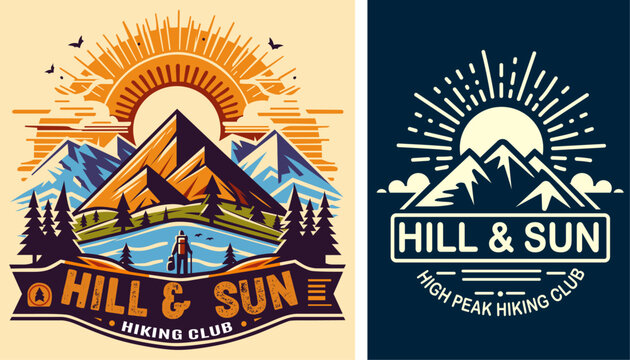hill and sun hiking club typography t-shirt design vector illustration smoothly vectorized HD quality.