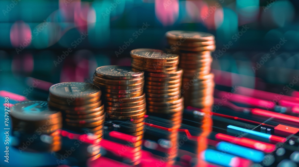 Poster double exposure of coin stack with finance graph and chart for business and investment concept.